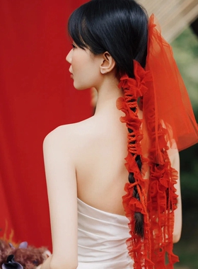 水舞U2073 康康老师同款小众红色蕾丝花边绑绳新娘头饰婚纱配饰