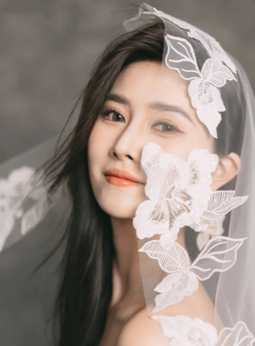 水舞 R0477 重工轻奢类似花朵新娘头纱白色长款高级感主婚纱头纱
