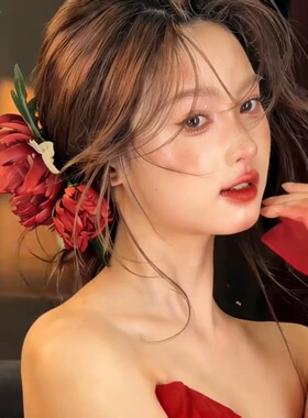 水舞U2355 康康老师同款小众新中式红色仿真花新娘头饰敬酒服发饰
