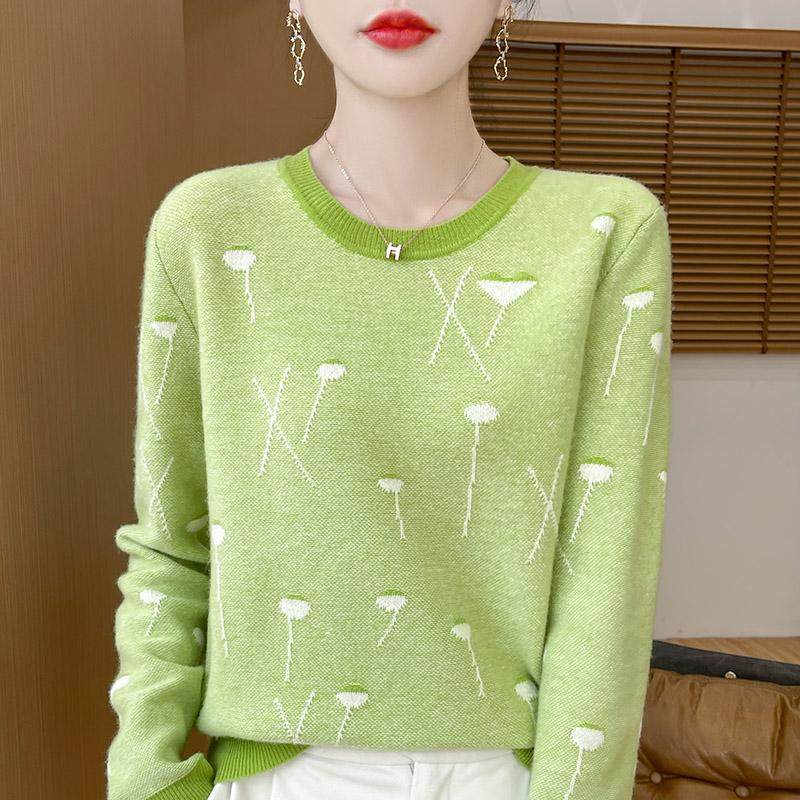 秋冬100%纯羊毛衫女圆领提花拼色长袖针织毛衣宽松羊绒衫打底上衣,淘宝优惠券,粉丝福利购,淘宝优惠卷