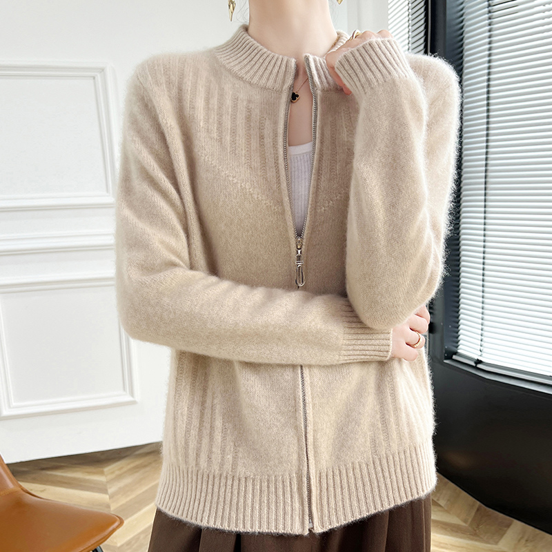 100%纯羊毛拉链开衫女半高领提花针织外套宽松羊绒衫长袖毛衣外搭 - 图2