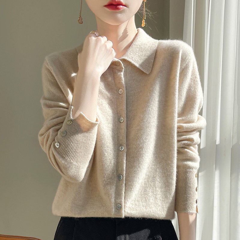 2025秋季100%纯羊毛开衫女POLO领纯色针织毛衣外套宽松羊绒衫上衣,淘宝优惠券,粉丝福利购,淘宝优惠卷