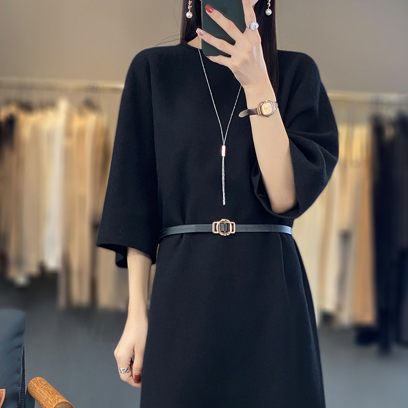 100%纯羊毛衫女2025春秋新款女七分袖中长款打底长裙气质针织裙子 - 图1