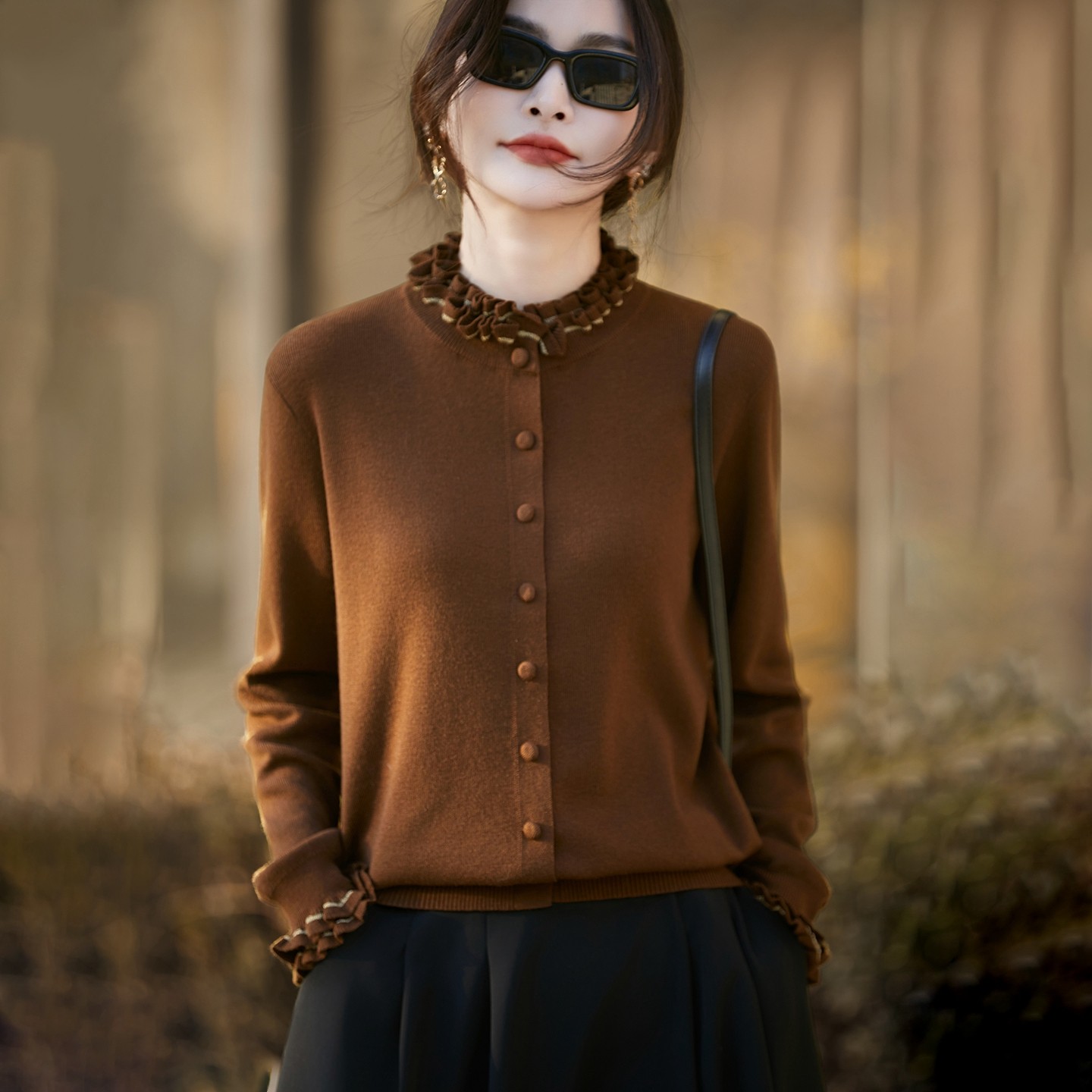 2026新款木耳边立领精纺羊毛开衫女气质长袖针织毛衣宽松百搭外套,淘宝优惠券,粉丝福利购,淘宝优惠卷