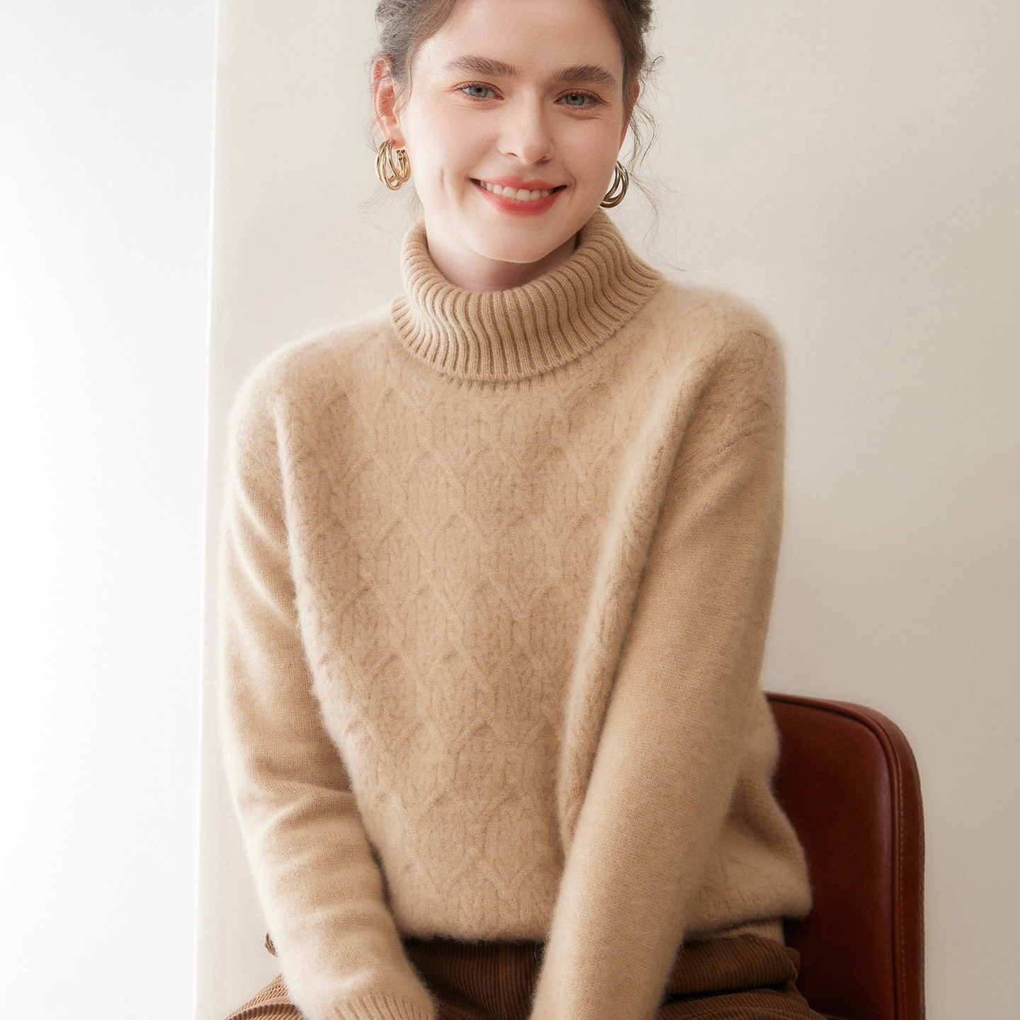 五针三股加厚高级感山羊绒衫女高领菱形提花针织毛衣宽松羊毛打底,淘宝优惠券,粉丝福利购,淘宝优惠卷