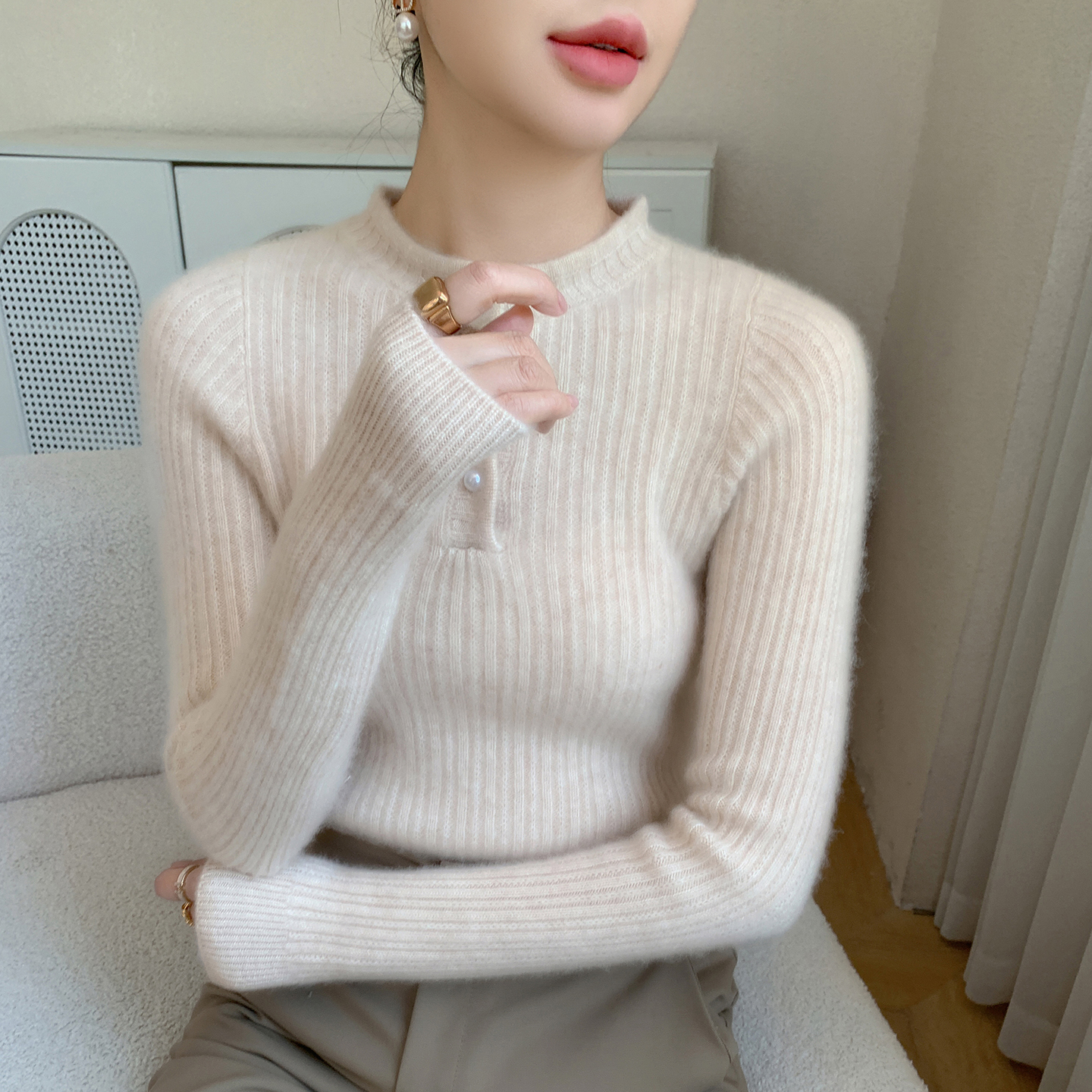 软糯！baby小山羊绒衫女半高领珍珠扣坑条针织毛衣宽松打底羊毛衫 - 图3