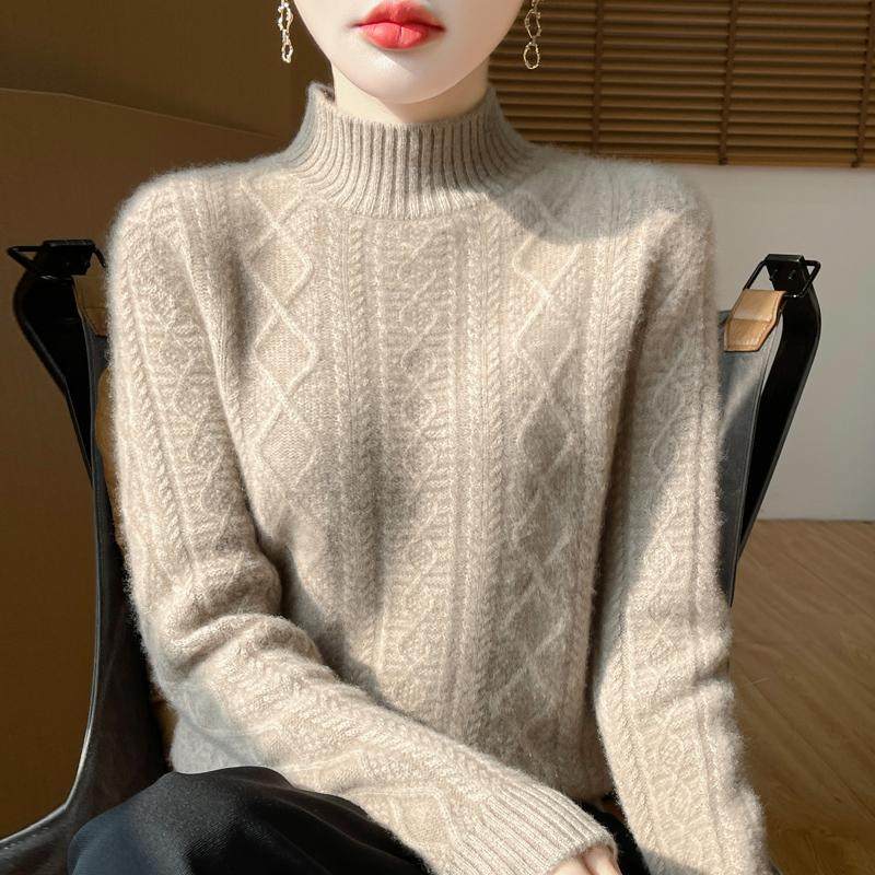 25秋冬半高领菱形绞花100%纯羊毛衫女加厚宽松羊绒衫针织打底毛衣,淘宝优惠券,粉丝福利购,淘宝优惠卷