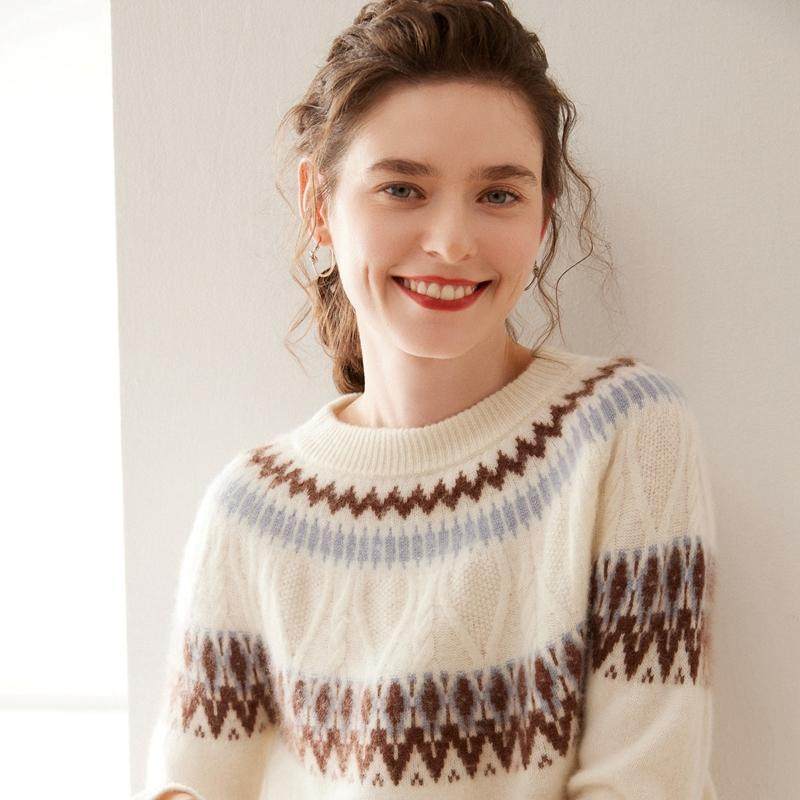 复古拼色费尔岛提花高级感山羊绒衫女圆领加厚针织毛衣宽松打底衫,淘宝优惠券,粉丝福利购,淘宝优惠卷