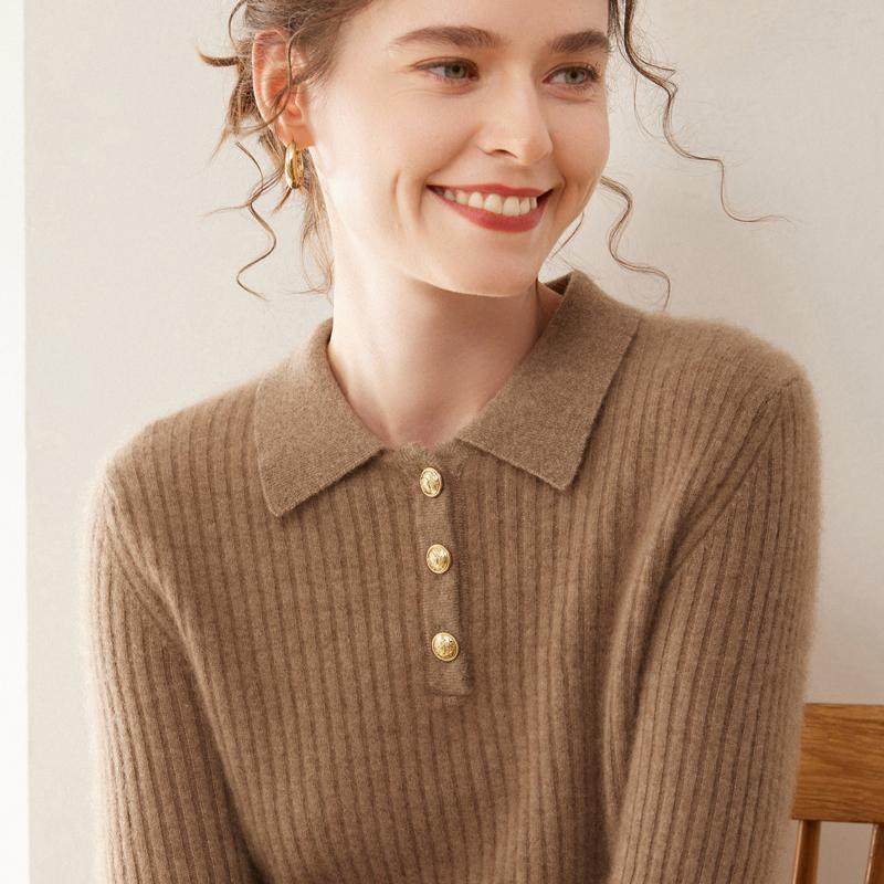 秋冬轻奢级山羊绒衫女半开POLO领坑条毛衣修身显瘦针织羊毛衫打底,淘宝优惠券,粉丝福利购,淘宝优惠卷