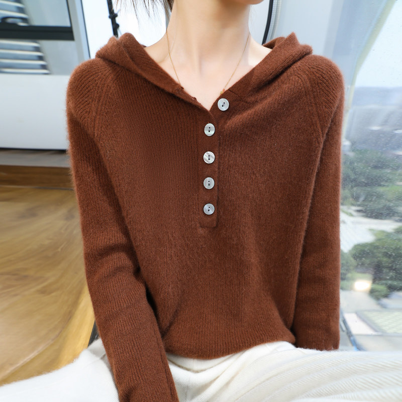 秋冬100%纯羊毛帽衫女半开领纽扣连帽针织毛衣宽松慵懒羊绒衫卫衣,淘宝优惠券,粉丝福利购,淘宝优惠卷