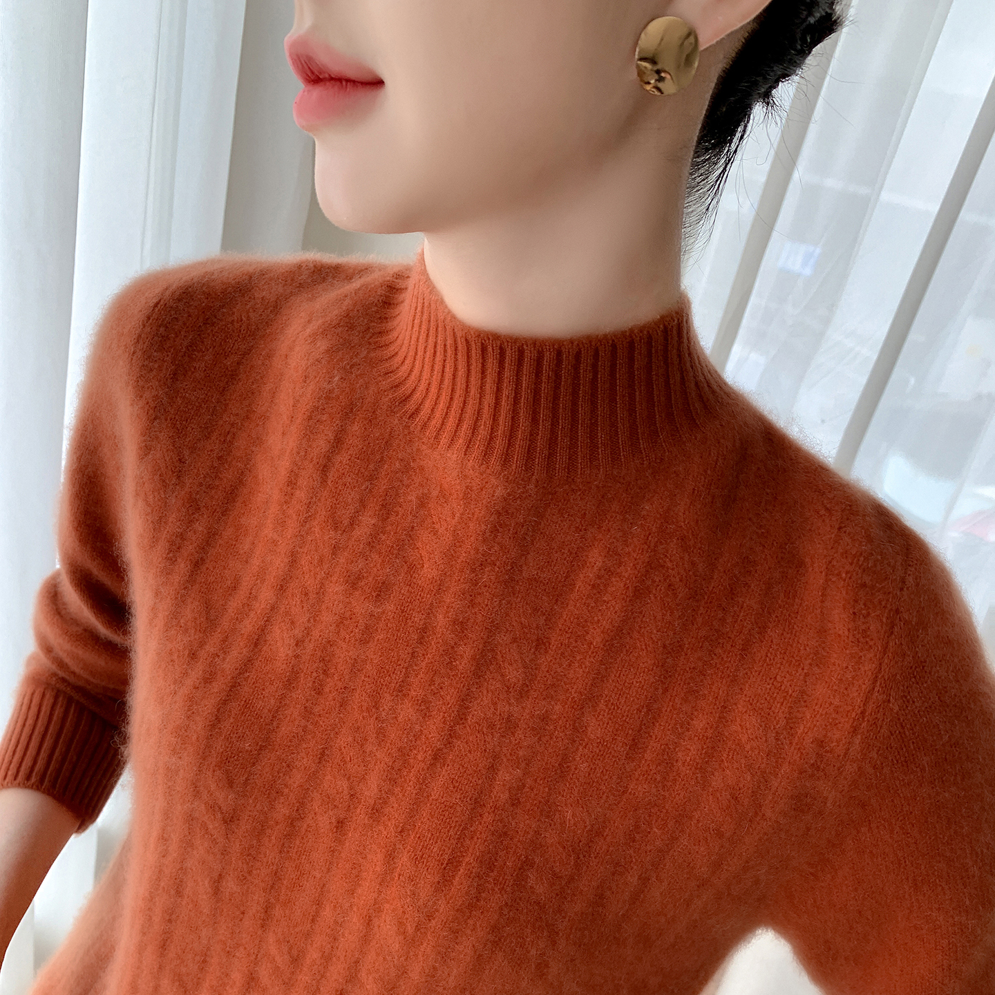 秋冬baby小山羊绒衫女加厚半高领提花针织毛衣宽松气质羊毛衫打底 - 图1