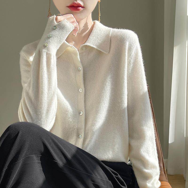 2025秋季100%纯羊毛开衫女POLO领纯色针织毛衣外套宽松羊绒衫上衣,淘宝优惠券,粉丝福利购,淘宝优惠卷