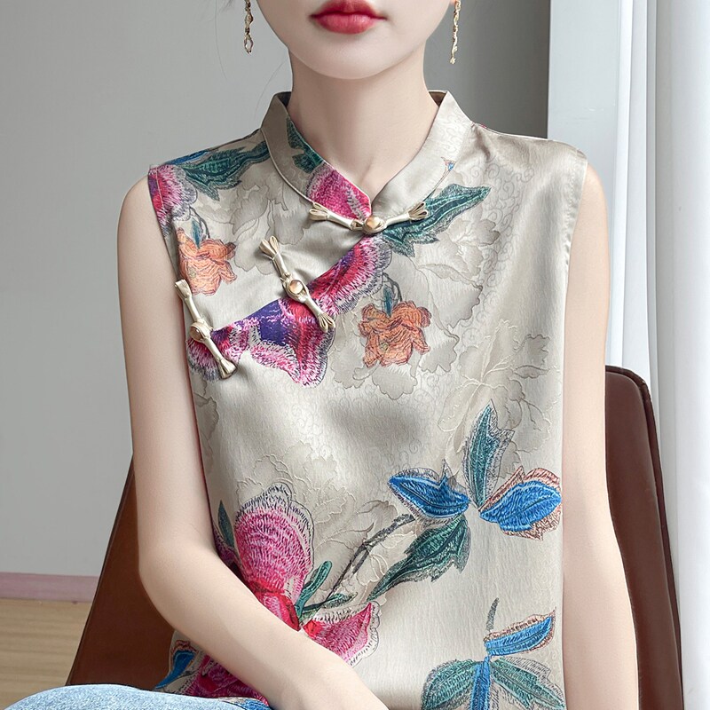 New Chinese style national style satin silk vest top as base layer