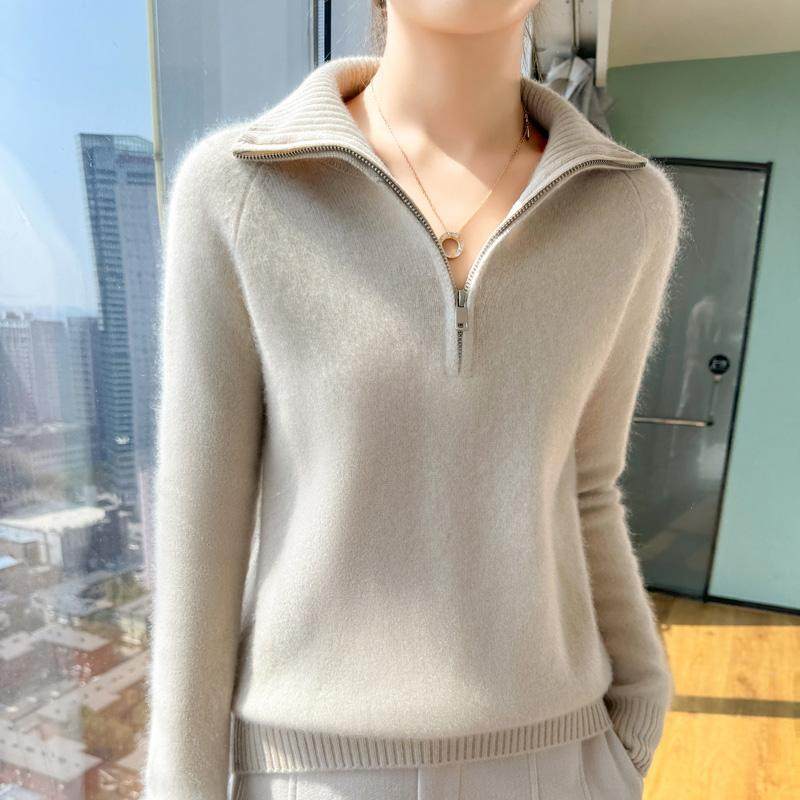 2024秋100%纯羊毛衫女半开领拉链加厚针织毛衣宽松羊绒衫打底上衣,淘宝优惠券,粉丝福利购,淘宝优惠卷