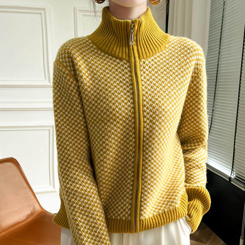 拼色嵌花100%纯羊毛开衫女高领针织衫毛衣加厚宽松羊绒衫拉链外套,淘宝优惠券,粉丝福利购,淘宝优惠卷