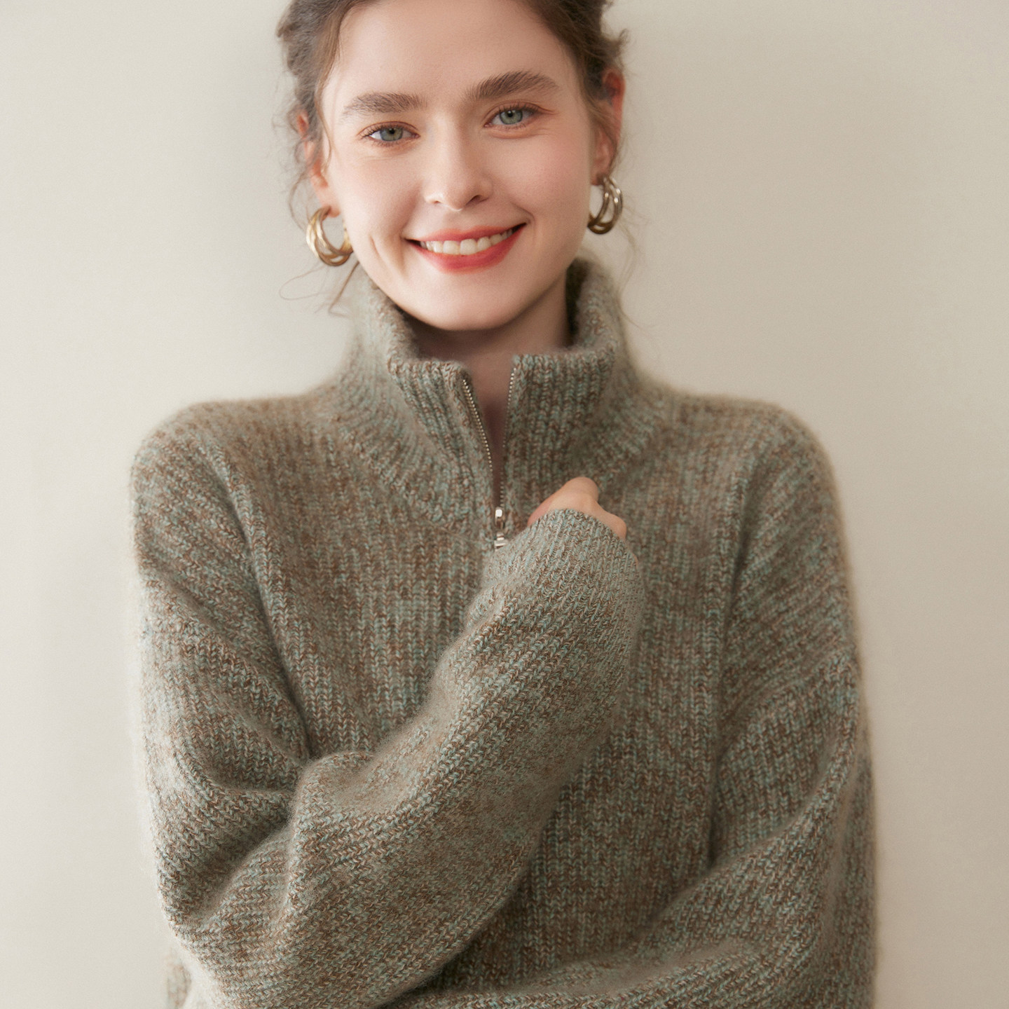 重磅加厚高级感山羊绒衫女高领花纱半拉链针织毛衣宽松慵懒羊绒衫,淘宝优惠券,粉丝福利购,淘宝优惠卷