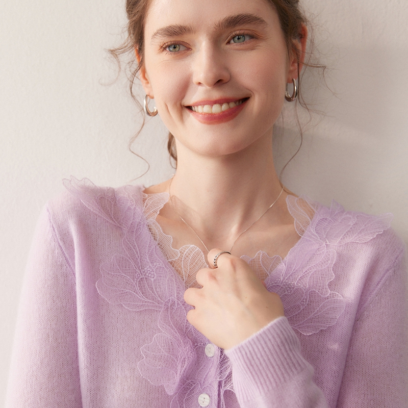 法式轻奢风V领山羊绒开衫女V领蕾丝绣花针织毛衣宽松显瘦羊毛外套 - 图3