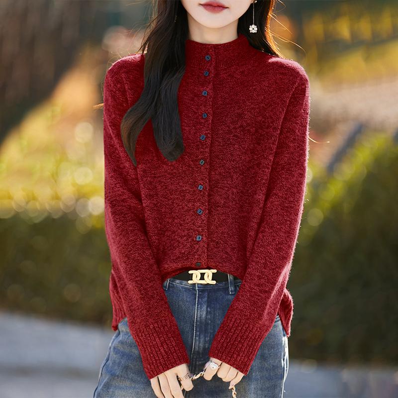 秋冬卷边半高领精纺羊毛开衫女花纱针织毛衣外套宽松休闲百搭上衣 - 图1