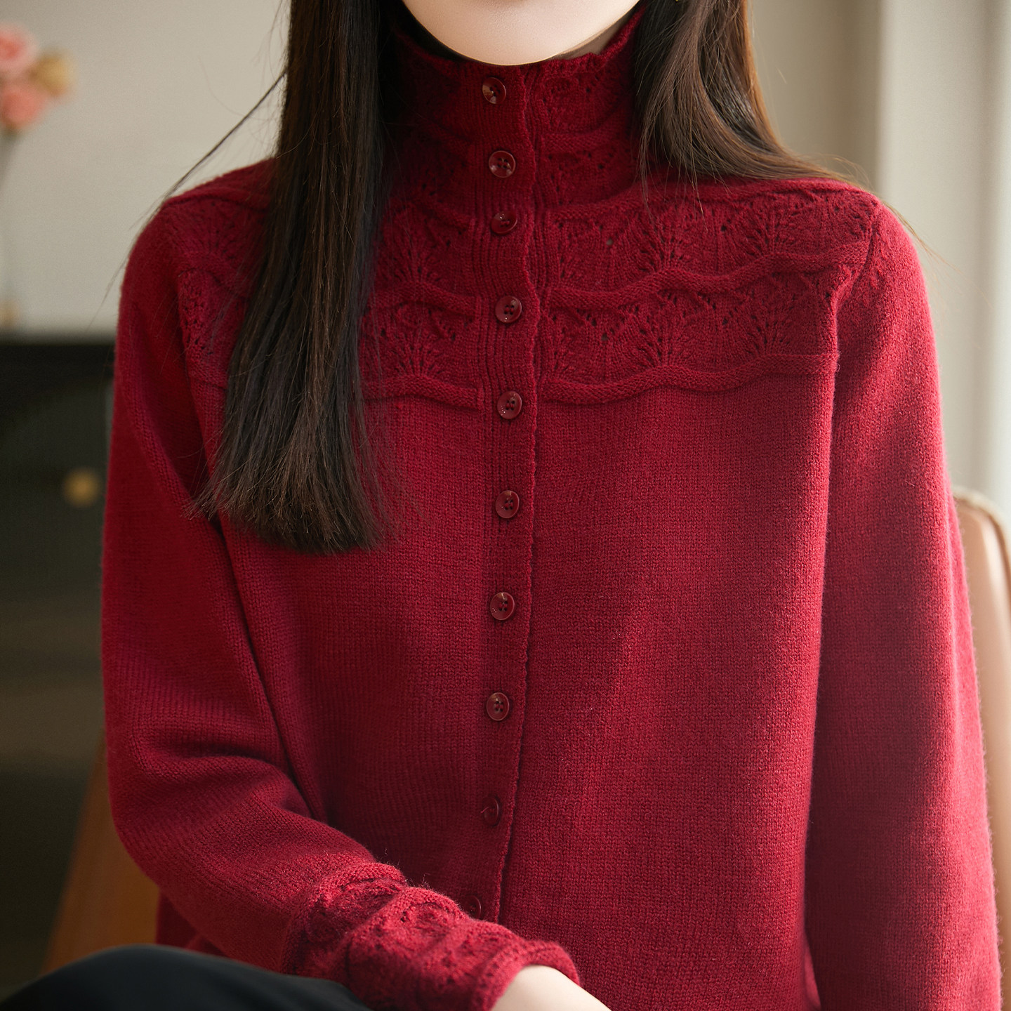 重工镂空钩花精纺羊毛开衫女高领针织衫长袖毛衣宽松气质外套上衣,淘宝优惠券,粉丝福利购,淘宝优惠卷