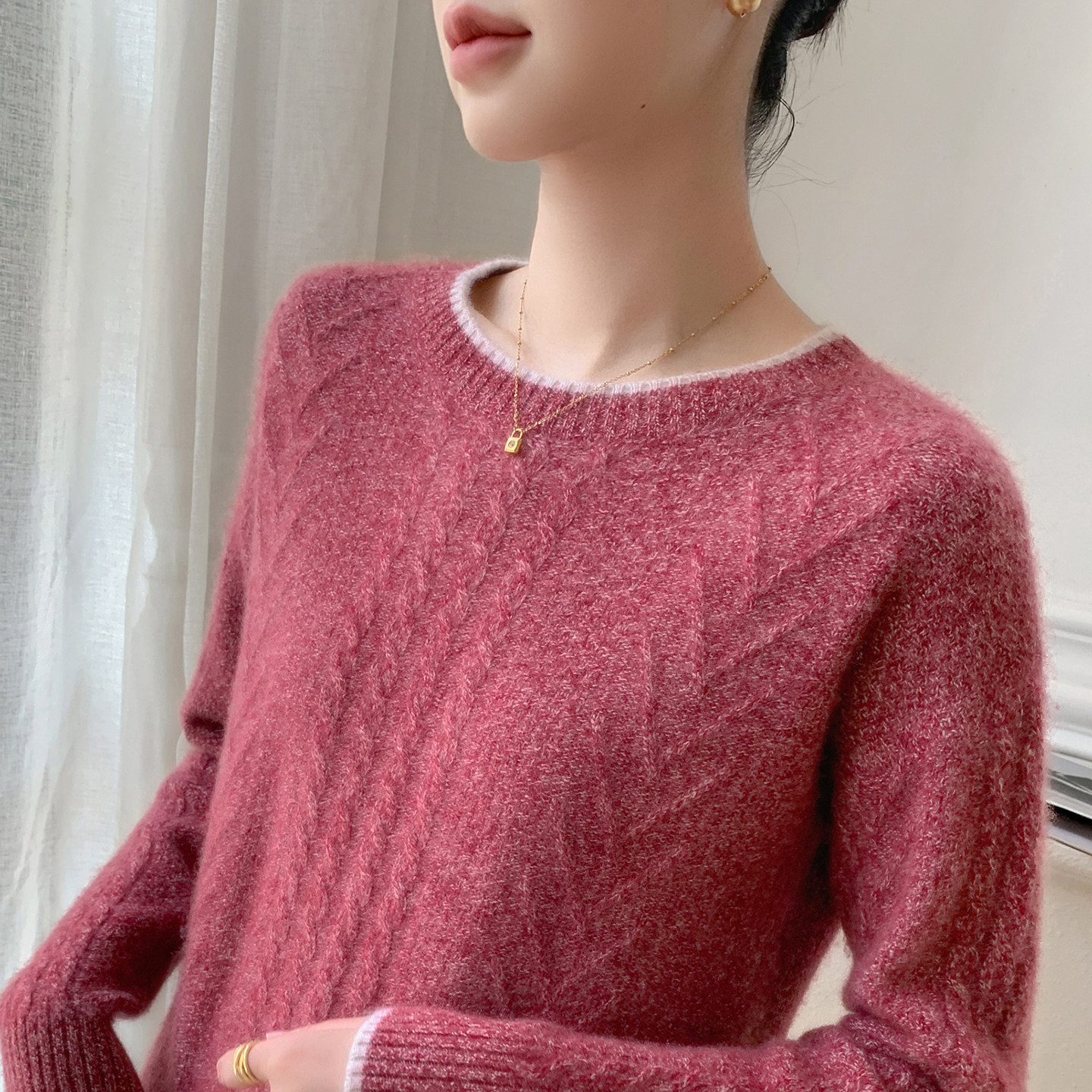 baby小山羊绒衫女圆领加厚扭花针织毛衣宽松花纱拼色打底羊绒上衣,淘宝优惠券,粉丝福利购,淘宝优惠卷