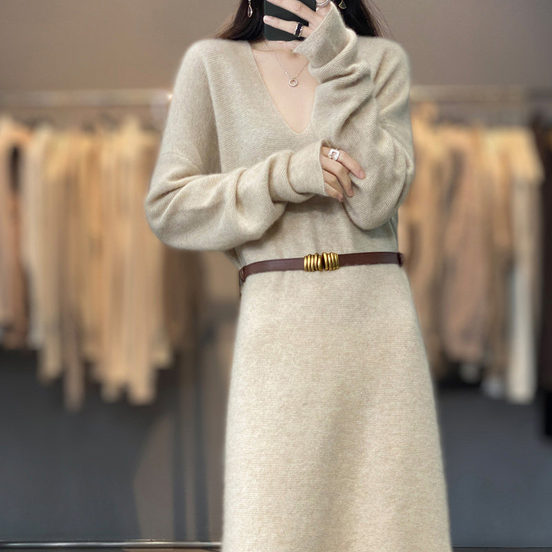 中长款100%纯羊毛衫女秋冬新款V领过膝连衣裙宽松慵懒羊绒衫打底,淘宝优惠券,粉丝福利购,淘宝优惠卷