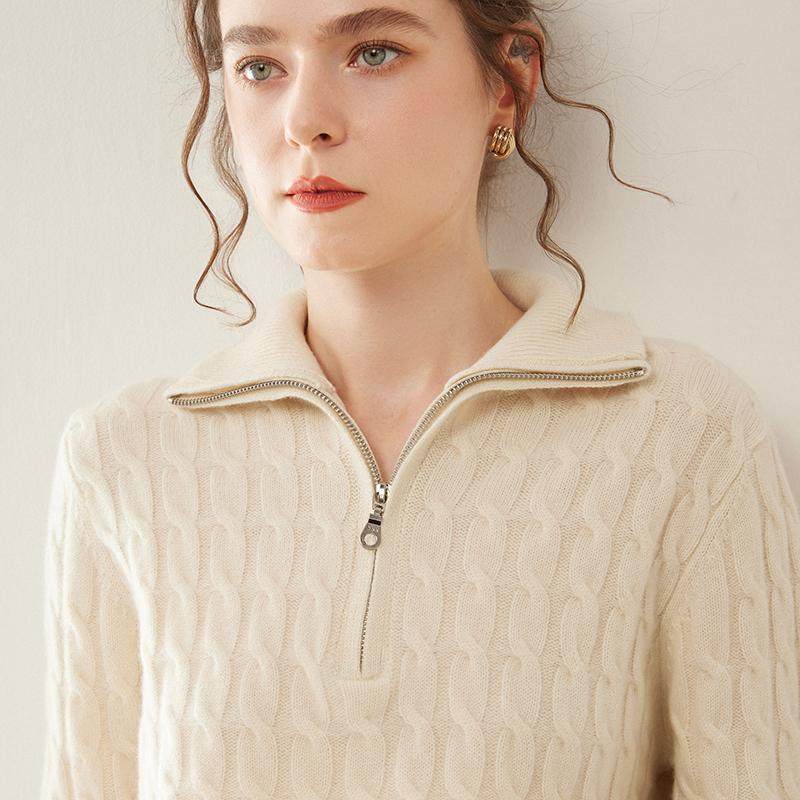 秋冬半开拉链翻领高级感山羊绒衫女加厚绞花针织毛衣宽松羊毛打底,淘宝优惠券,粉丝福利购,淘宝优惠卷