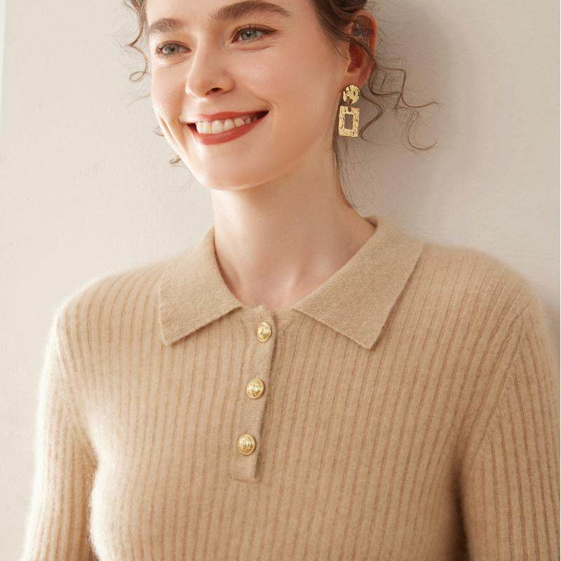 秋冬轻奢级山羊绒衫女半开POLO领坑条毛衣修身显瘦针织羊毛衫打底,淘宝优惠券,粉丝福利购,淘宝优惠卷