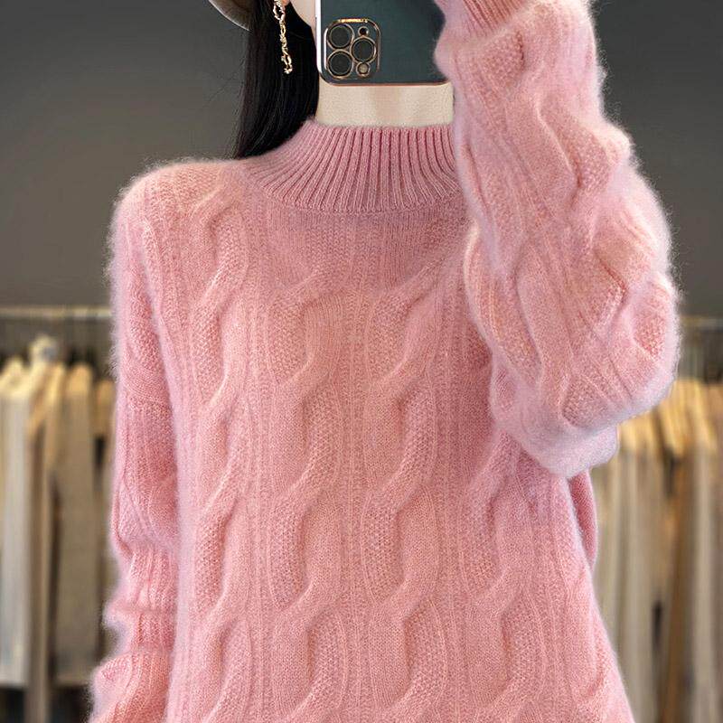 加厚100%纯羊毛衫女半高领扭花针织套头毛衣宽松百搭羊绒打底上衣,淘宝优惠券,粉丝福利购,淘宝优惠卷