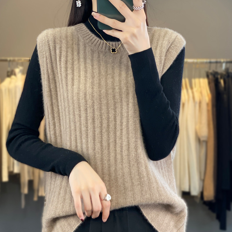 秋冬新款100%羊毛马甲女系扣开叉无袖背心针织毛衣宽松羊绒衫坎肩,淘宝优惠券,粉丝福利购,淘宝优惠卷