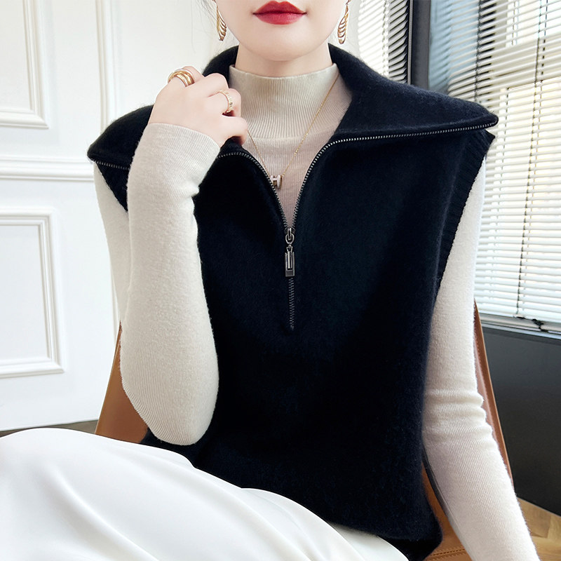 半开领拉链100%纯羊毛马甲女宽松毛衣坎肩针织衫羊绒叠穿无袖上衣,淘宝优惠券,粉丝福利购,淘宝优惠卷