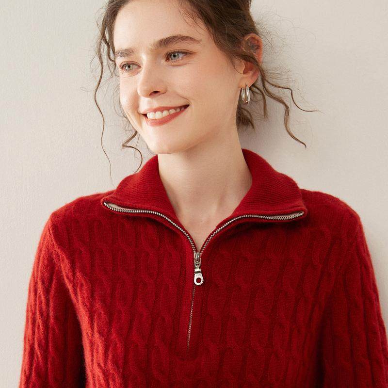 秋冬半开拉链翻领高级感山羊绒衫女加厚绞花针织毛衣宽松羊毛打底,淘宝优惠券,粉丝福利购,淘宝优惠卷