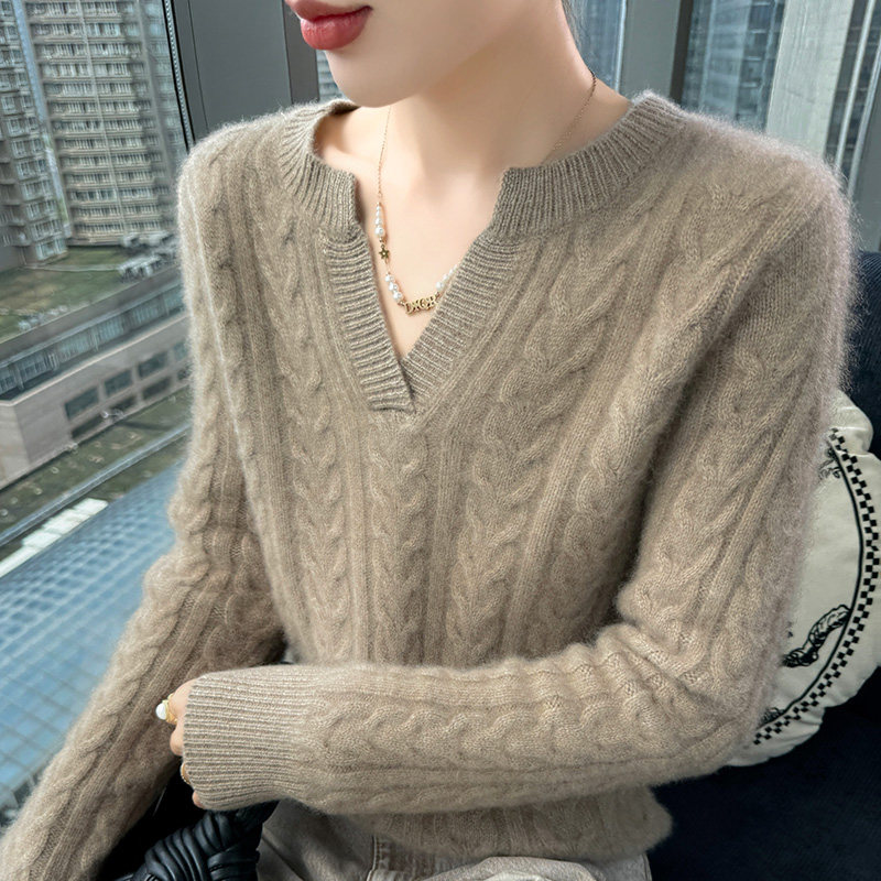 软糯风半开V领山羊绒衫女加厚扭花针织长袖毛衣宽松羊毛打底上衣,淘宝优惠券,粉丝福利购,淘宝优惠卷
