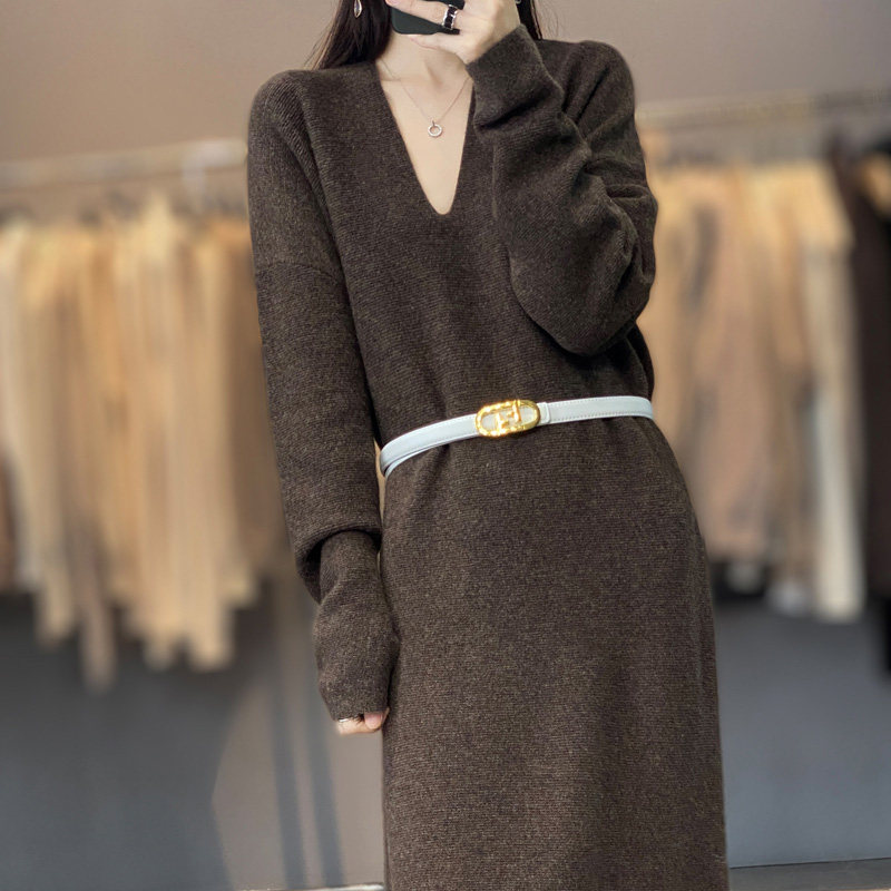 中长款100%纯羊毛衫女秋冬新款V领过膝连衣裙宽松慵懒羊绒衫打底,淘宝优惠券,粉丝福利购,淘宝优惠卷