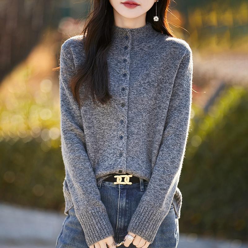 秋冬卷边半高领精纺羊毛开衫女花纱针织毛衣外套宽松休闲百搭上衣 - 图3