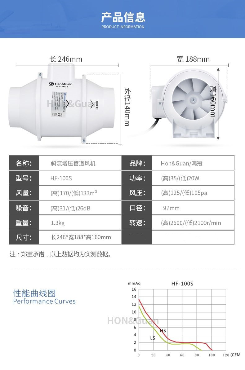 斜流管道式换气扇圆形管道风机抽风机卫生间排气扇4寸HF-100S - 图3