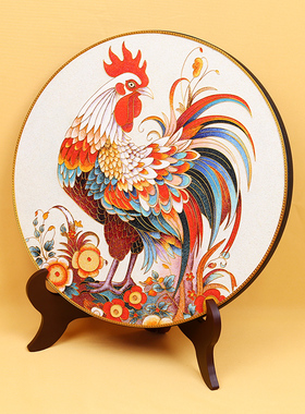 雄鸡报晓碳盘摆件掐丝珐琅彩新中式门厅玄关坐盘景泰蓝手工礼品