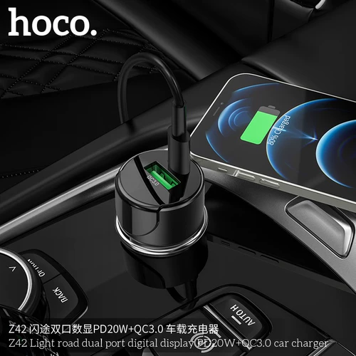 Hoco Haoku Z42 автомобиль мобильный телефон зарядка двойной USB -номер, показывающий автомобильную зарядку PD20WQC3.0.