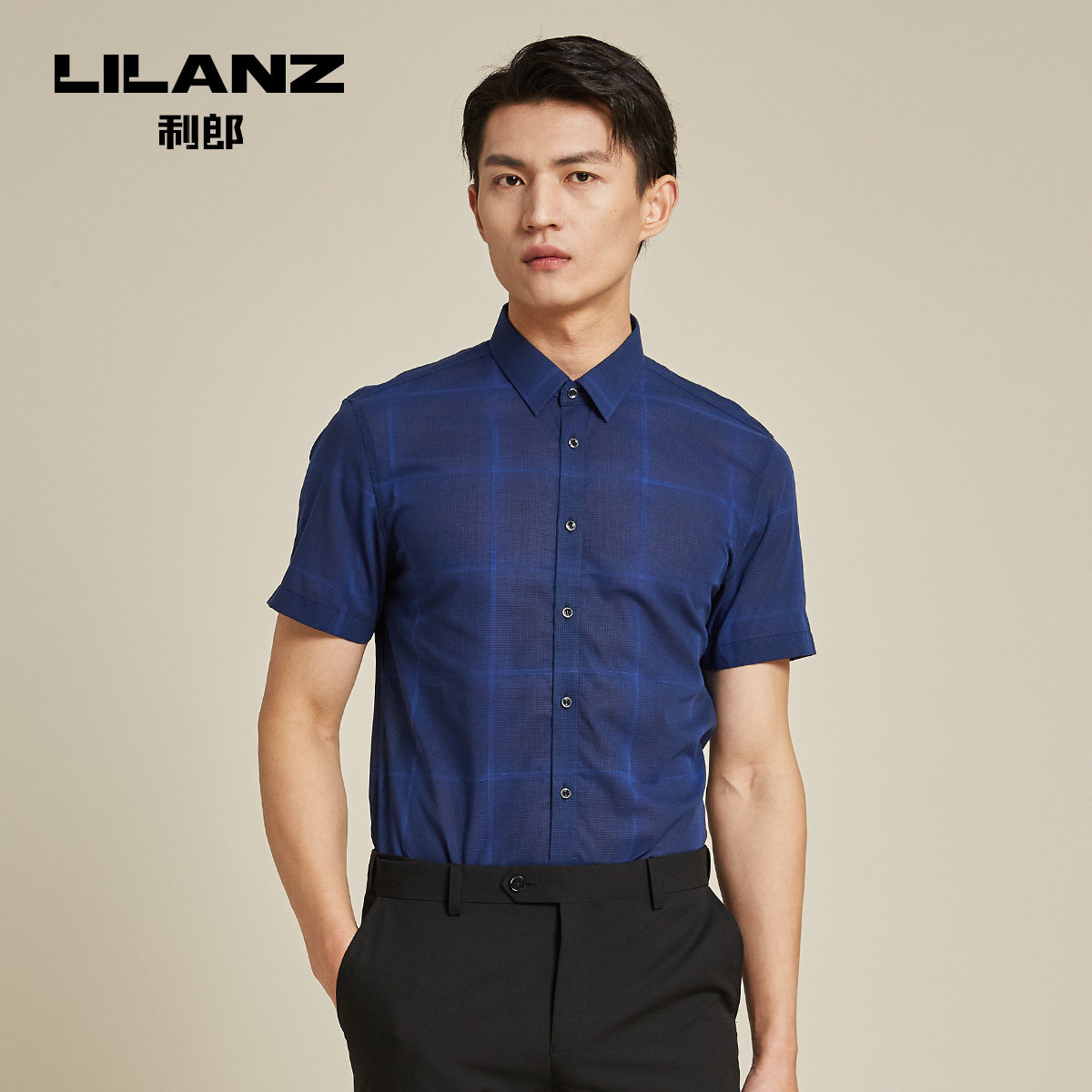 利郎旗舰店短袖男士纯棉格子衬衫 利郎衬衫