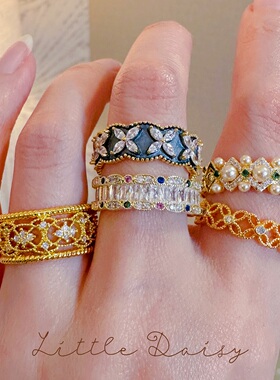 Little Daisy中世纪浪漫主义镂空四叶草蕾丝花边精致开口珍珠戒指