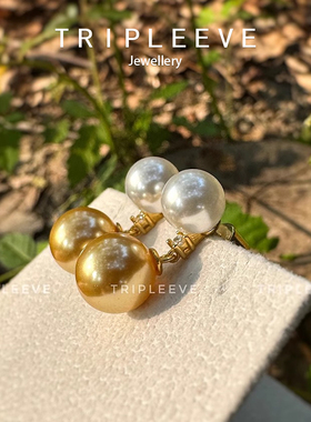 白金混彩南洋金珠澳白大小珍珠耳钉人造海水S925纯银厚镀18k真金