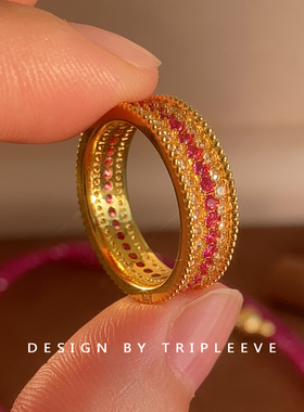 金店同款真18k金注金Au750不脱模经典红宝石三排钻红绳戒指不掉色