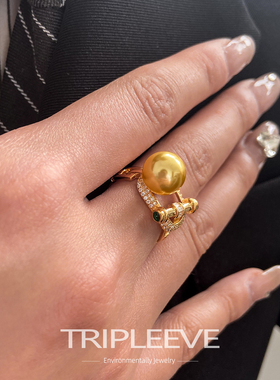 马蹄大溪地黑珍珠戒指澳白天女南洋金珠s925纯银施家开口指环轻奢