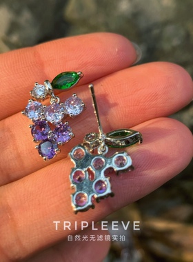 莫奈油画盘/水晶葡萄 紫色耳钉耳环轻奢小众高级清新无耳洞耳夹