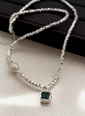 级感碎银几两锁骨链轻奢复古绿色锆石颈链简约养殖珍珠项链1833