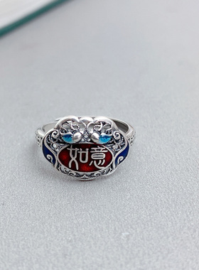925纯银珐琅彩红如意锁戒指手工镂空花丝工艺复古民族风戒指银饰