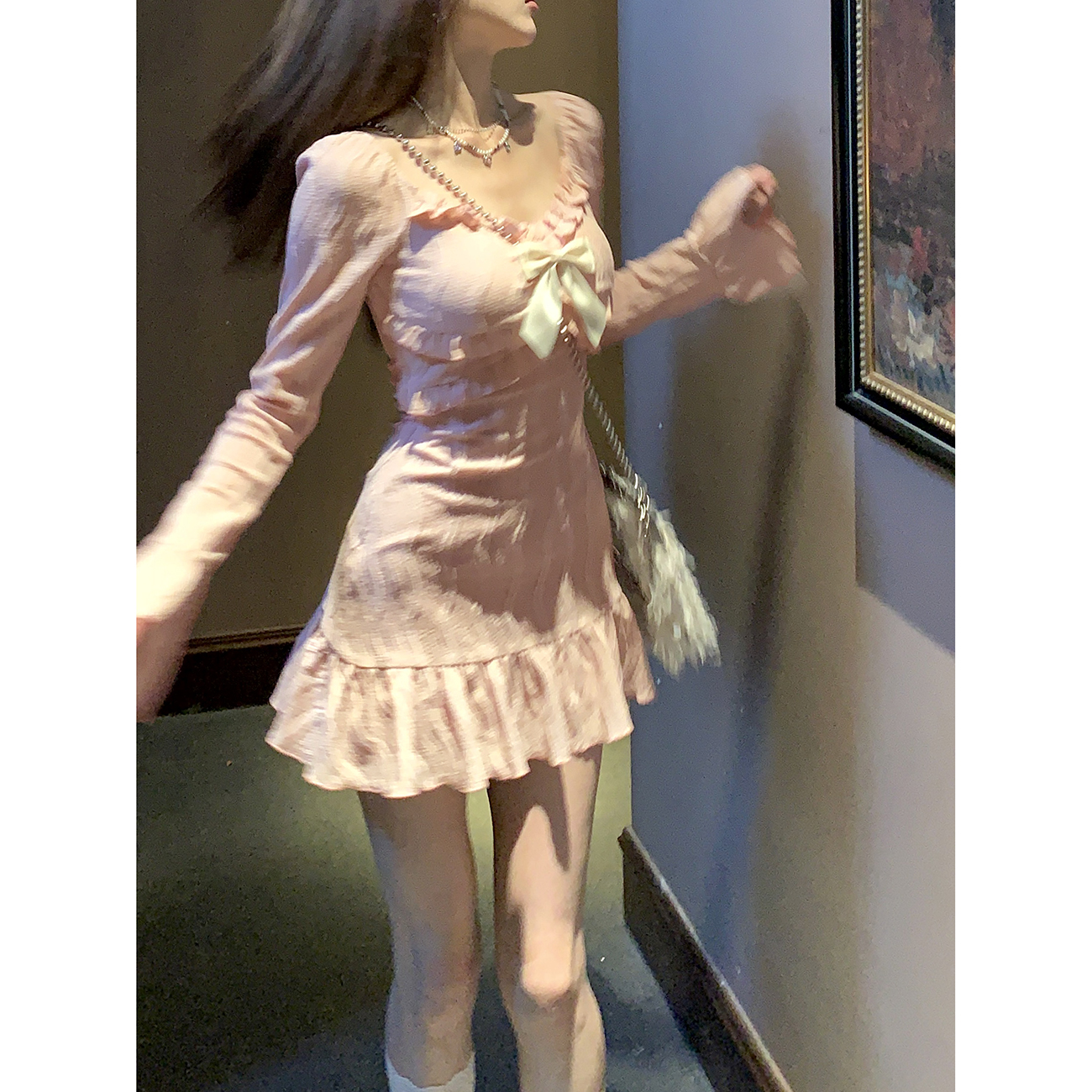 DREAM SEVEN77粉色短款长袖连衣裙女2024年春季新款甜美显瘦裙子-图0
