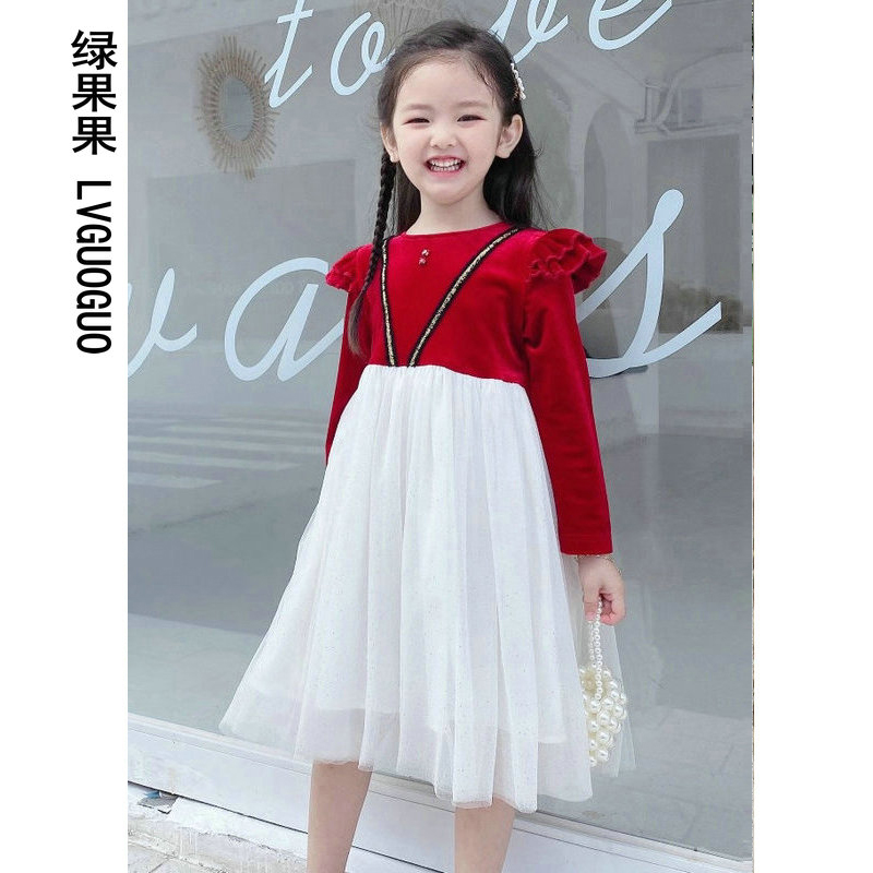 小码特价——女童年服秋季裙子连衣裙丝绒闪亮新年红色宝宝公主裙 - 图0