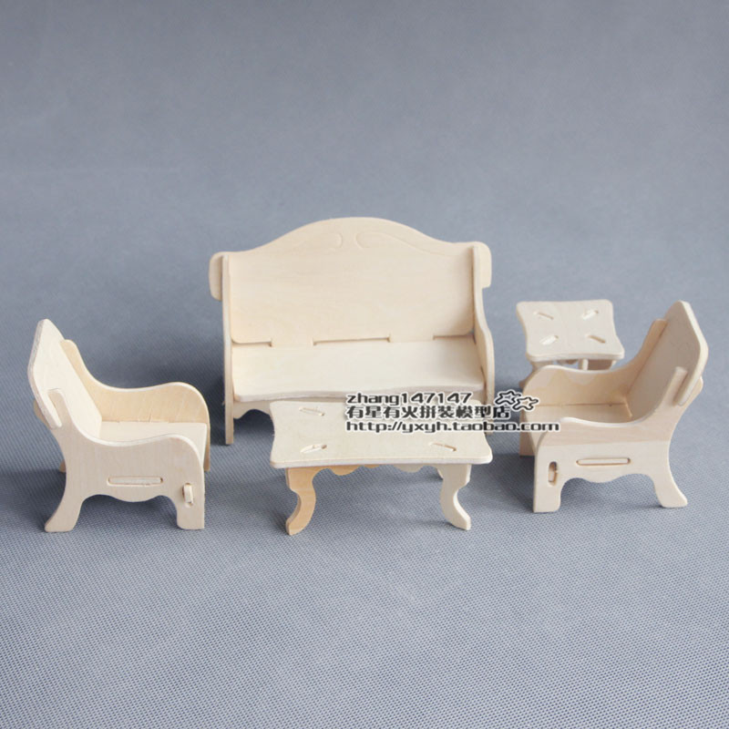 木制拼装3diy立体拼图儿童益智力迷你小家具模型玩具沙发茶几柜子-图0