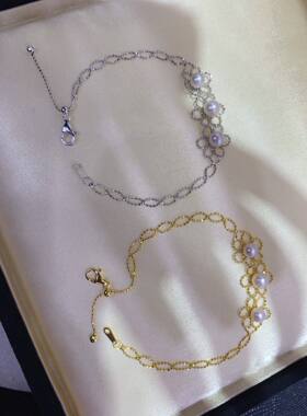 s925银蕾丝花手链，5-6mm淡水ak正圆几乎无瑕品质