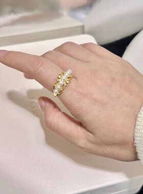 s925银蕾丝花边戒指，3-4mm极光炫彩淡水珍珠 正圆极光无瑕